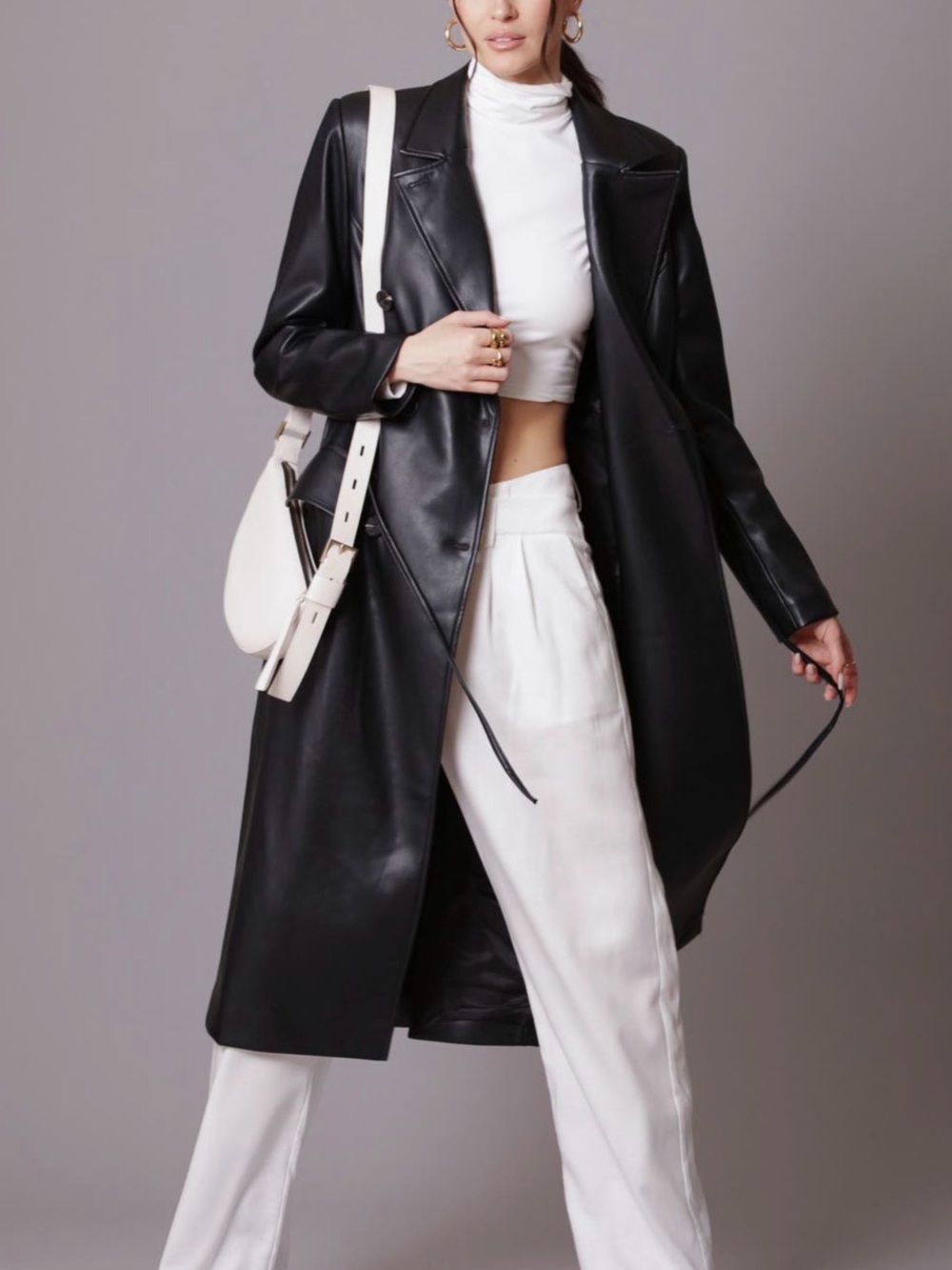 Avec Les Filles Black Faux-Leather Longline Trench Coat